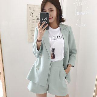 3/4-sleeve Double-breasted Blazer/ Wide-leg Shorts
