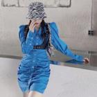 Shirred Long-sleeve Slim-fit Shirtdress / Belt
