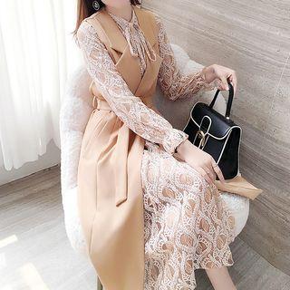 Set: Lace Long-sleeve Midi Dress + Tie-waist Long Midi Vest