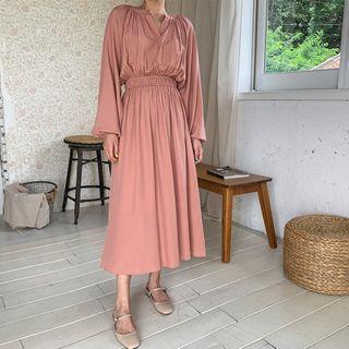 Open-placket Shirred-waist Dress