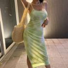 Slit-side Dyed Long Spaghetti Strap Dress