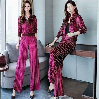 Set: Zipper Cropped Striped Jacket + Wide-leg Pants