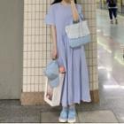 Short-sleeve Plain Midi Dress Blue - One Size