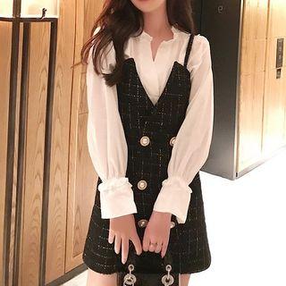 Set: Plain Blouse + Double-breasted Tweed Pinafore Dress