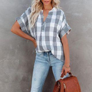 Plaid Print Short-sleeve V-neck Blouse