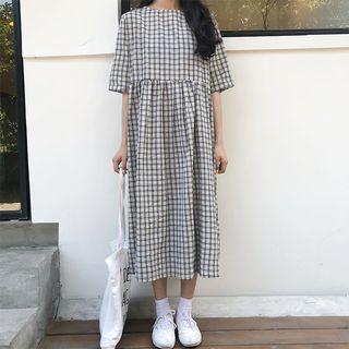 Plaid Short-sleeve A-line Midi Dress White - One Size