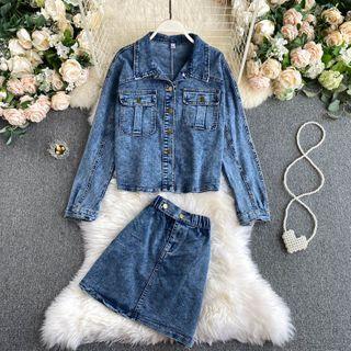 Set Of 2 : Long-sleeve Pocket Denim Jacket + Denim Skirt