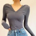 Long-sleeve V-neck Half-zip Fitted Top