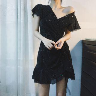 Flutter Sleeve Ruched Front Glitter Mini Dress