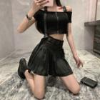 Halter Zip Placket Cropped Top / Short-sleeve Lace-up T-shirt / Cold Shoulder Buckled T-shirt / Wide-leg Cargo Shorts / A-line Mini Pleated Skirt / Set