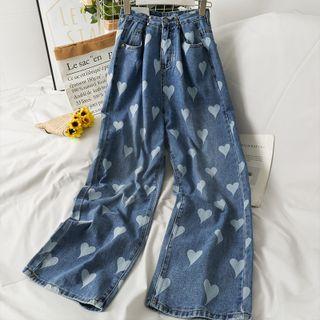 Adjustable-waistline Heart-print Wide-leg Jeans