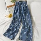 Adjustable-waistline Heart-print Wide-leg Jeans