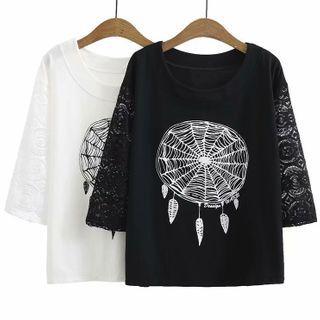 Elbow-sleeve Lace Printed T-shirt