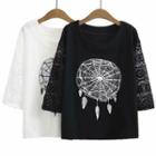 Elbow-sleeve Lace Printed T-shirt