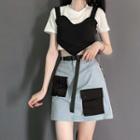Mock Two-piece Short-sleeve Cropped T-shirt / A-line Cargo Skirt
