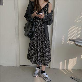 Spaghetti Strap Floral Print Midi Dress / Denim Jacket