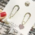 Non-matching Faux Pearl Heart Safety Pin Dangle Earring As Shown In Figure - One Size