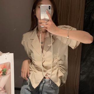 Short-sleeve Open-collar Drawstring Blouse