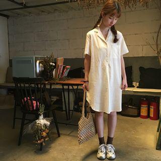 Plain Linen Loose-fit Short-sleeve Shirtdress