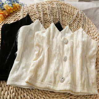 Pearl-strap Lace-overlay Velvet Camisole Top