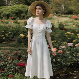 Puff-sleeve Buttoned A-line Midi Skirt
