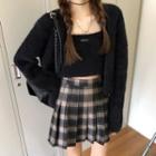 Applique Fluffy Camisole / Cardigan / Plaid Mini A-line Skirt / Set