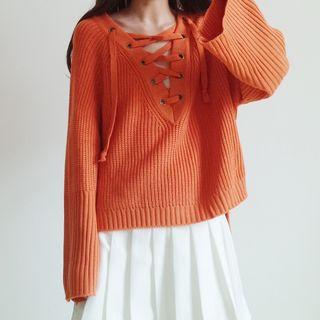 Lace Up Front Ribbed Sweater