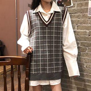 V-neck Plaid Knit Vest As Shown In Figure - One Size