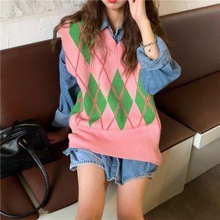 V-neck Argyle Loose-fit Knit Vest Pink - One Size