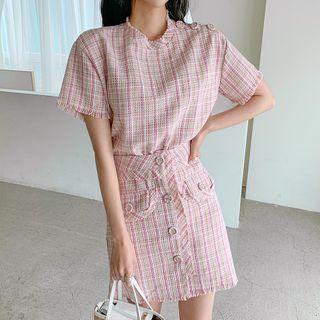 Set: Button-shoulder Plaid Top + Mini Skirt