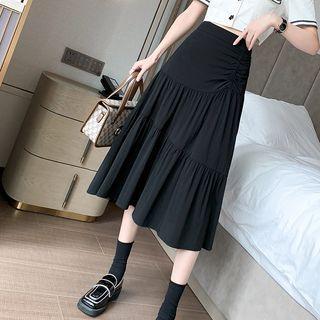 High Waist Plain Tiered Midi Skirt