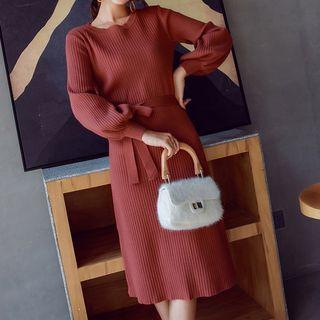 Lantern Sleeve Plain Knit Midi Dress