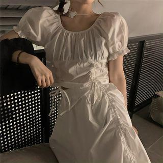 Drawstring Puff Short-sleeve Blouse / High-waist Skirt