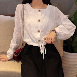 Drawstring-hem Square-neck Long-sleeve Blouse