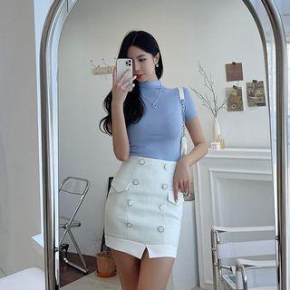 Flap Button-trim Tweed Miniskirt With Inset Shorts