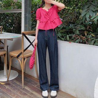 Short-sleeve Plaid Blouse / Loose Fit Jeans / Set