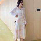 Long-sleeve Striped Shirt / Camisole / Midi Printed A-line Skirt