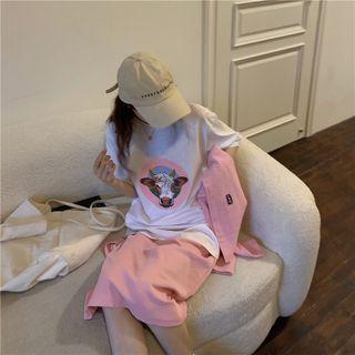 Short-sleeve Cow Print T-shirt / Cape / Midi Pencil Skirt / Set