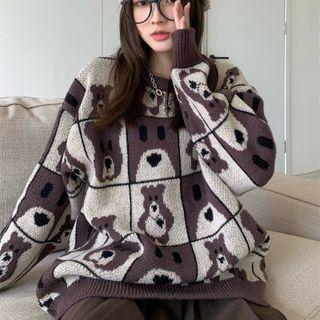 Bear Round-neck Knit Sweater Coffee - One Size