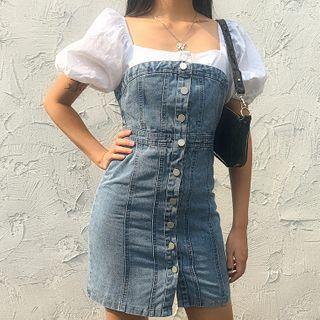 Short-sleeve Mock Two-piece Mini Denim Dress
