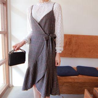 Tie-waist Houndstooth Pinafore Dress