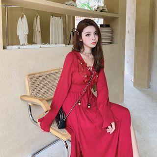 Set: Long-sleeve Embroidered A-line Midi Dress + Bandeau