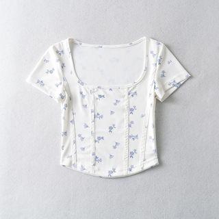 Short-sleeve Square-neck Floral Print Corset Top
