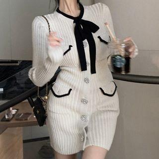 Tie-neck Button-up Ribbed Knit Dress White - One Size