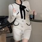 Tie-neck Button-up Ribbed Knit Dress White - One Size
