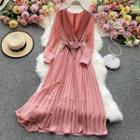 V-neck Plain Pleated Tie-waist Long-sleeve Dress