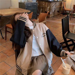 Contrast Loose Fit Baseball Jacket / High-waist Plain Pleated Skirt