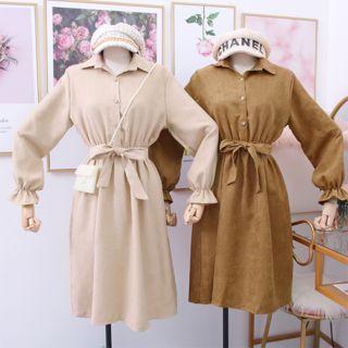 Ruffled-cuff A-line Shirtdress With Sash
