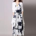 Set: Patterned Sleeveless Midi Dress + Plain Long Linen Coat