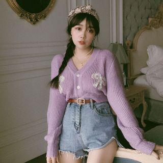 Sequined Bow Cardigan Purple - One Size